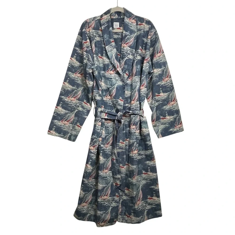 Polo Ralph Lauren‎ 90s Y2K Mens Robe Blue Boat Yacht Print Cotton S/M Nautical